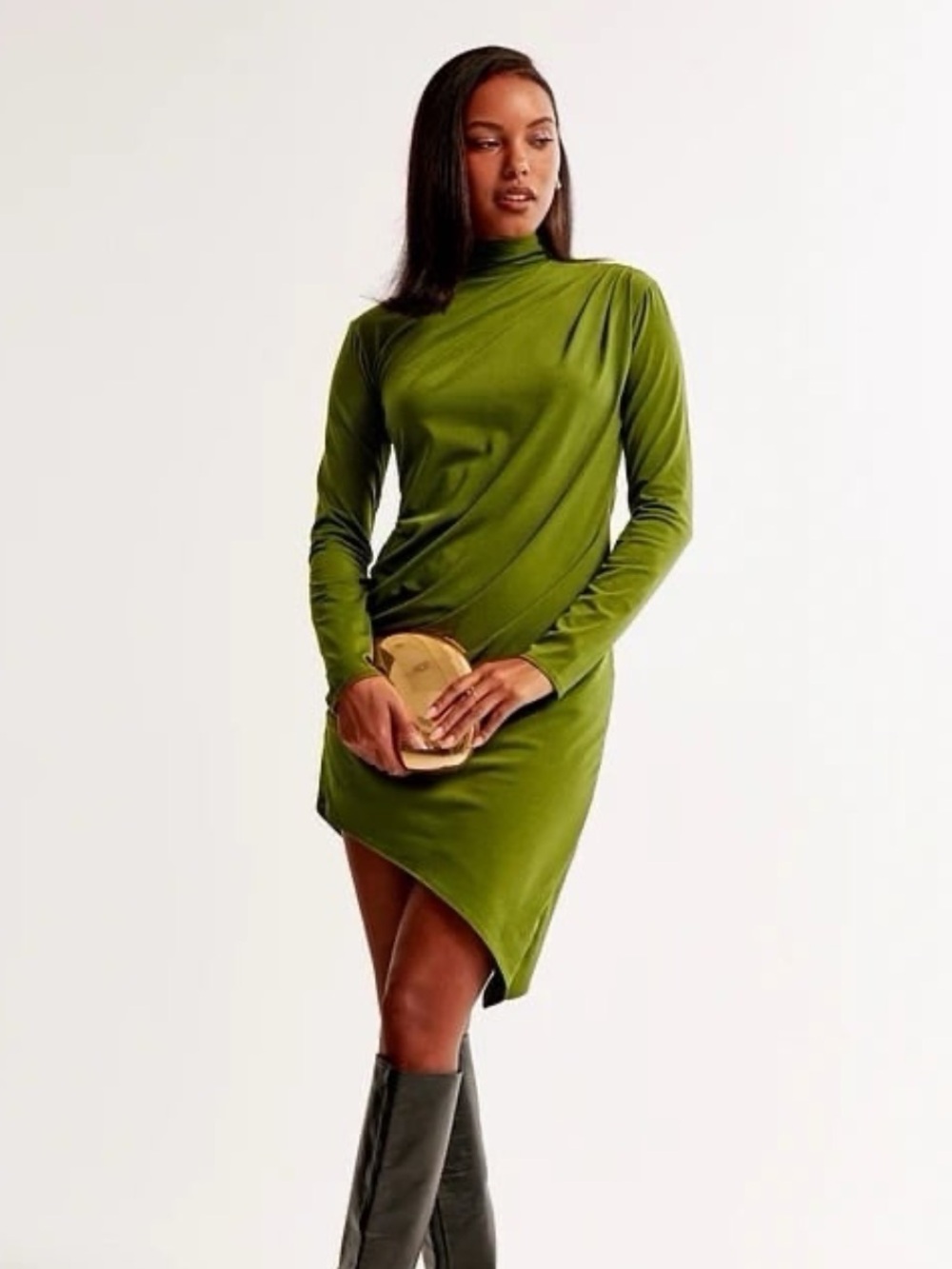 Abercrombie & Fitch Asymmetrical Mock Neck Long Sleeve Dress Green Size S Petite